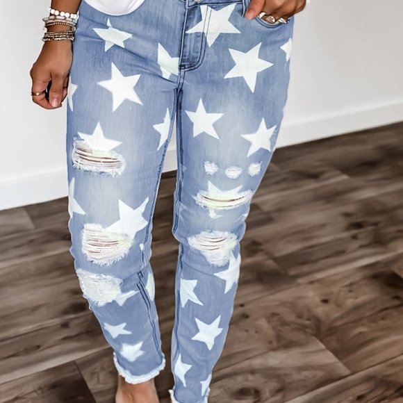 Ripped Star Print Mid Waist Jeans - Picture 2 of 6